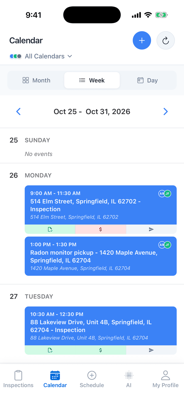 Week view, Oct 25 - Oct 31, 2026, All Calendars: Monday 26 with an inspection at 514 Elm Street from 9:00 AM to 11:30 AM with the initials AR and JF, and Radon monitor pickup at 1420 Maple Avenue from 1:00 PM to 1:30 PM; Tuesday 27 with an inspection at 88 Lakeview Drive, Unit 4B. Inspection cards show small agreement, payment and report icons