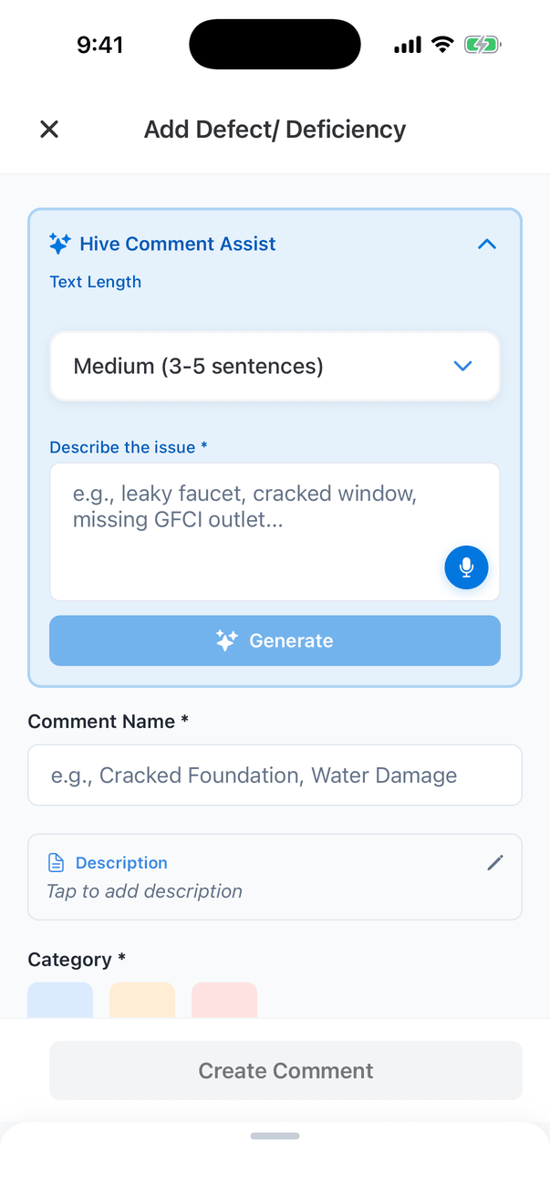 The Hive Comment Assist panel on Add Defect/ Deficiency: Text Length set to Medium (3-5 sentences), Describe the issue with the example e.g., leaky faucet, cracked window, missing GFCI outlet..., a blue microphone button and a greyed-out Generate button
