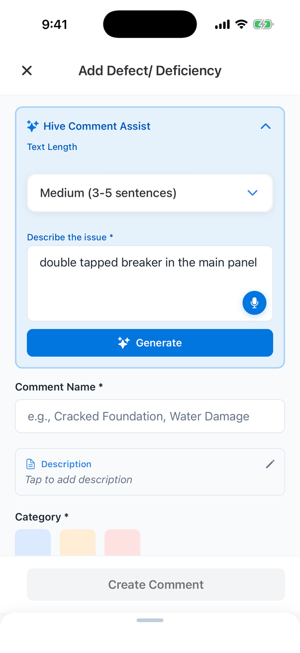 The Hive Comment Assist panel with double tapped breaker in the main panel typed in Describe the issue, and a blue Generate button