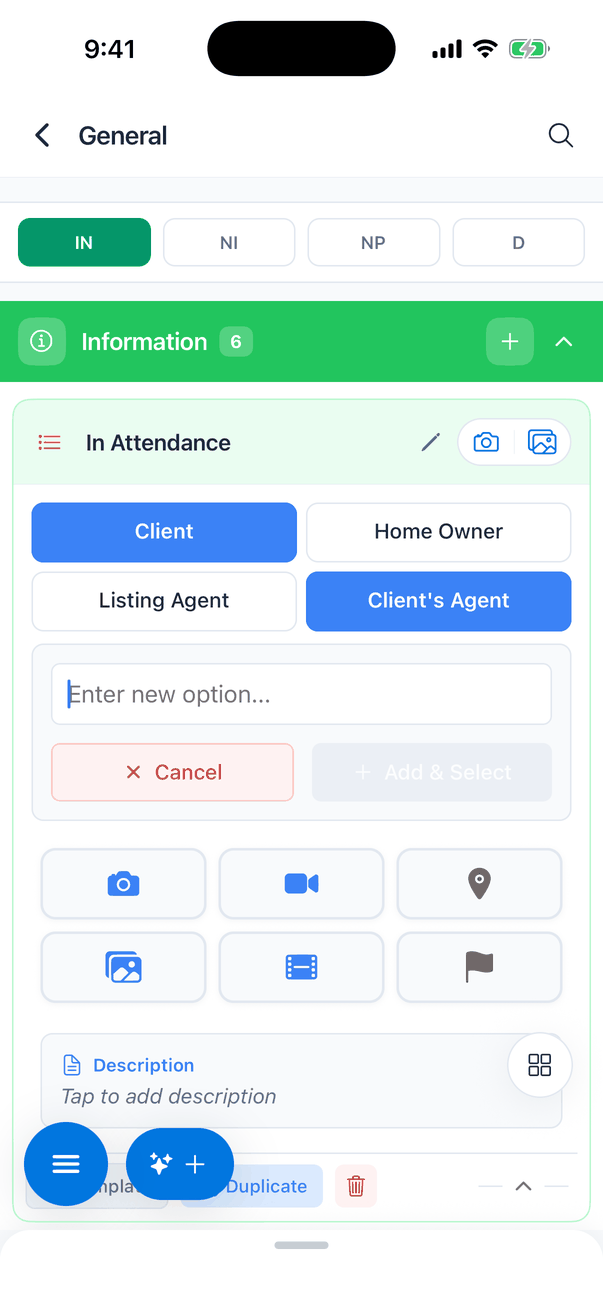 The In Attendance question with a new-option box open: Enter new option..., a red Cancel button and a greyed-out Add & Select button