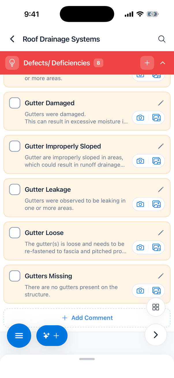 Folded defect comments in the Roof Drainage Systems subsection: Gutter Damaged, Gutter Improperly Sloped, Gutter Leakage, Gutter Loose and Gutters Missing. Each card has an empty checkbox on the left, the comment name, a pencil button, two lines of its description, and a camera and photo-library button on the right. At the bottom an Add Comment button