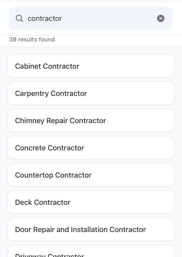 The service list searched for contractor: 39 results found, starting with Cabinet Contractor, Carpentry Contractor, Chimney Repair Contractor, Concrete Contractor, Countertop Contractor, Deck Contractor and Door Repair and Installation Contractor