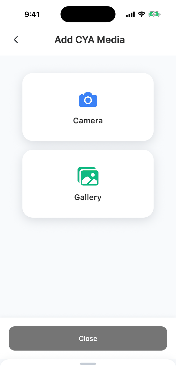 The Add CYA Media screen with two large buttons, Camera and Gallery, and a Close button at the bottom