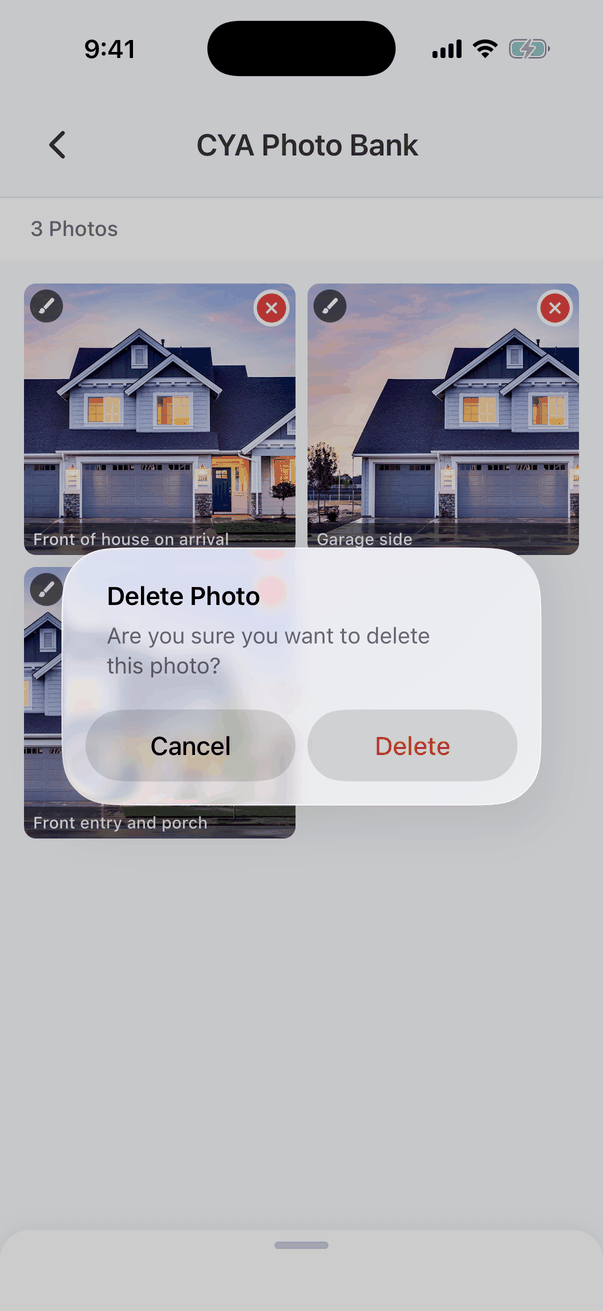 The Delete Photo message: Are you sure you want to delete this photo? Buttons Cancel and Delete
