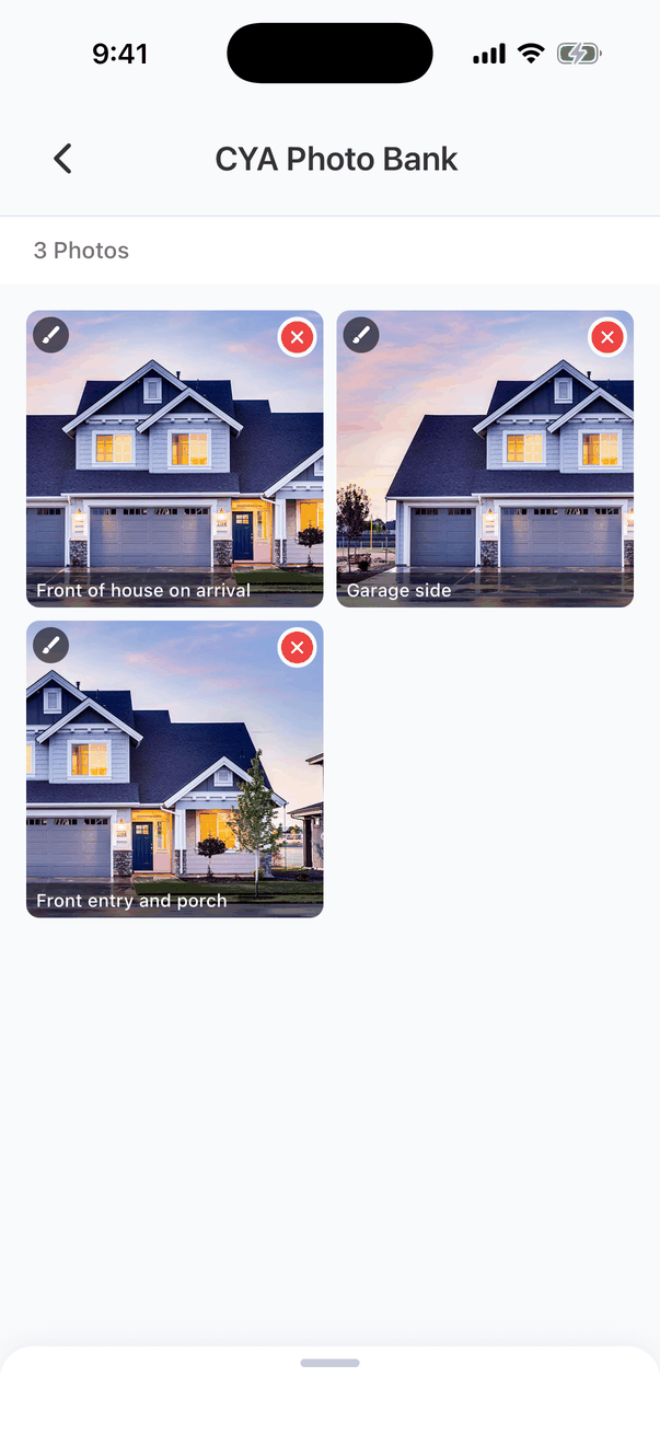 The CYA Photo Bank with 3 Photos: three photos of the front of a two-story house, captioned Front of house on arrival, Garage side and Front entry and porch, each with a brush badge top left and a red delete button top right