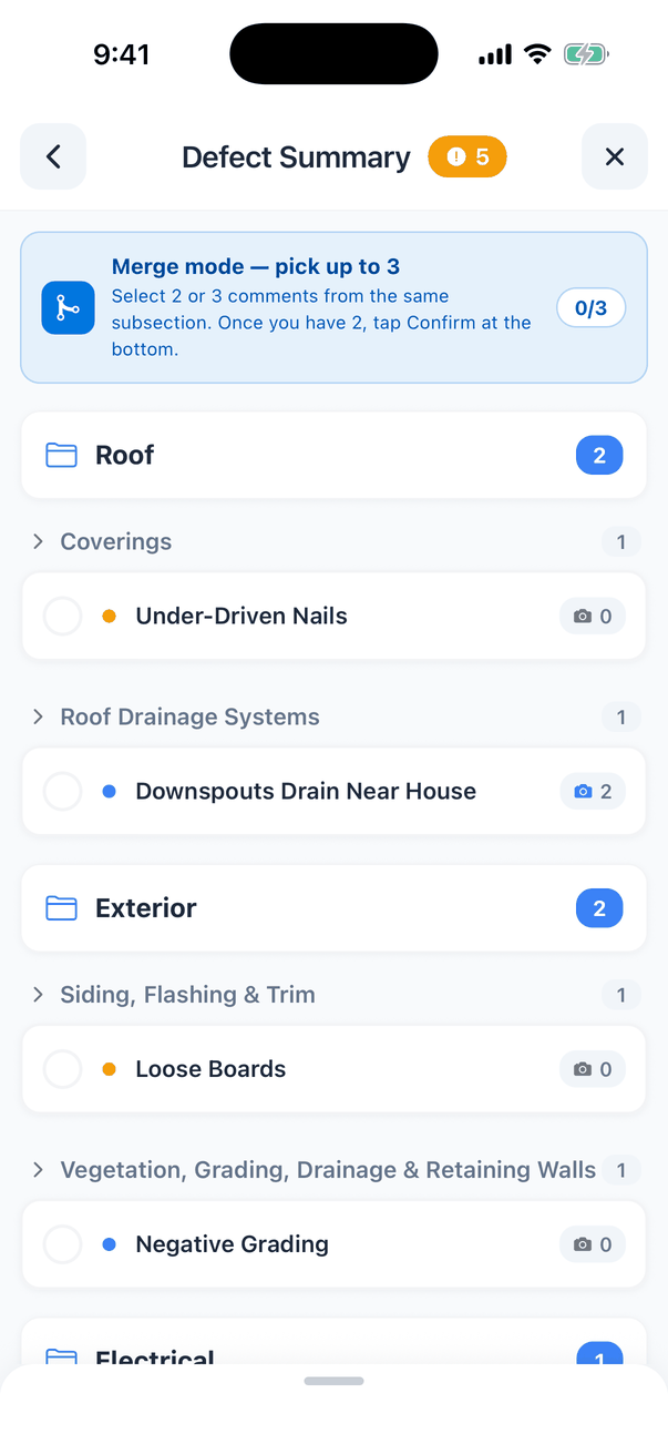 Merge mode in the Defect Summary: a blue note Merge mode — pick up to 3. Select 2 or 3 comments from the same subsection. Once you have 2, tap Confirm at the bottom, a 0/3 counter, an X button, and the defects listed as simple rows with a selection circle, a coloured dot and a photo count: Under-Driven Nails, Downspouts Drain Near House (2 photos), Loose Boards and Negative Grading