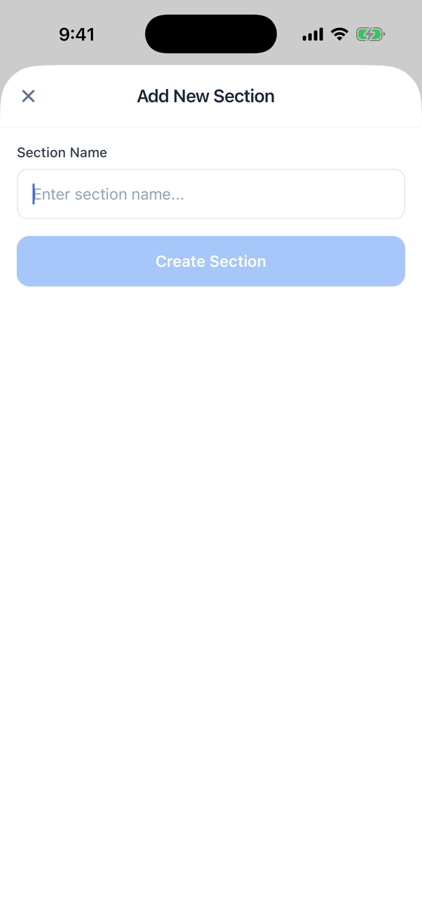 The Add New Section sheet with a Section Name box (Enter section name...) and a Create Section button