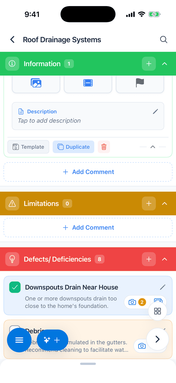 The Roof Drainage Systems subsection: the end of a green Information card (1) with a media row, a Description box and Template, Duplicate and delete buttons, an Add Comment button; a yellow Limitations card (0) with Add Comment; and a red Defects/ Deficiencies card (8) starting with the checked defect Downspouts Drain Near House, its description and a camera button showing 2 photos