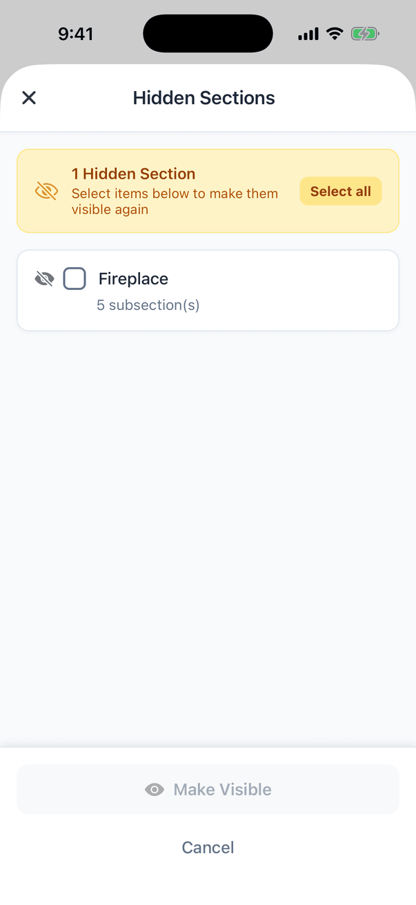 The Hidden Sections window: 1 Hidden Section, Select items below to make them visible again, a Select all button, a row Fireplace with 5 subsection(s) and a checkbox, and Make Visible and Cancel buttons