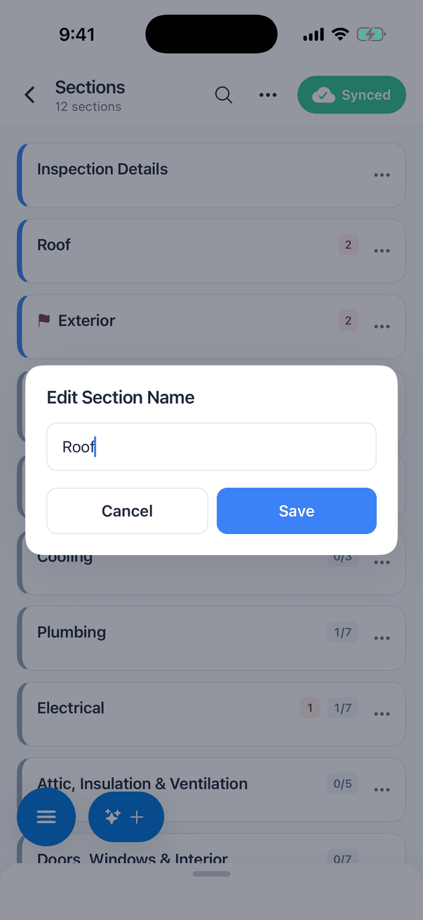 The Edit Section Name box with the text Roof and Cancel and Save buttons