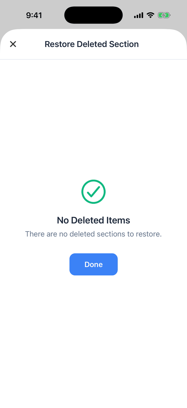 The Restore Deleted Section window with a green check, No Deleted Items, There are no deleted sections to restore, and a Done button