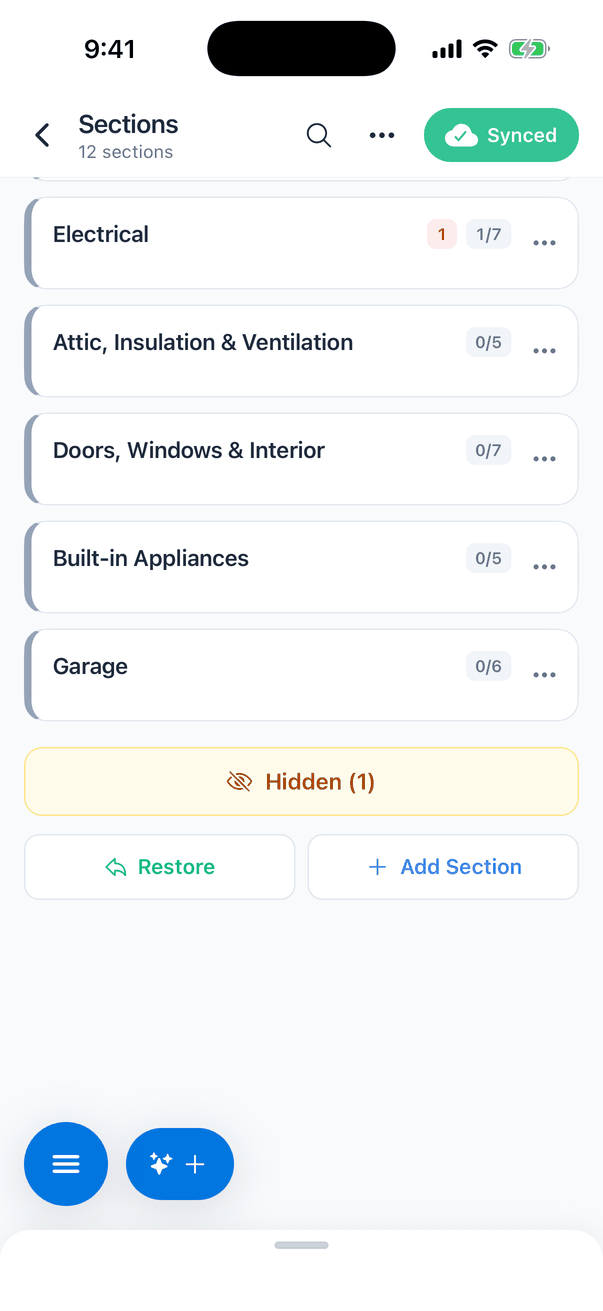 The bottom of the Sections screen: rows Electrical, Attic, Insulation & Ventilation, Doors, Windows & Interior, Built-in Appliances and Garage, then a yellow Hidden (1) button and Restore and Add Section buttons