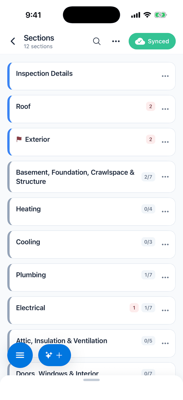 The Sections screen of the report editor, 12 sections. Header: back arrow, Sections, a search button, a three-dots button and a green Synced button. Rows: Inspection Details, Roof (red badge 2), Exterior (red flag and badge 2), Basement, Foundation, Crawlspace & Structure (2/7), Heating (0/4), Cooling (0/3), Plumbing (1/7), Electrical (red badge 1 and 1/7) and Attic, Insulation & Ventilation (0/5), each with a coloured line on the left and a three-dots button. At the bottom left a blue menu button and a Smart Add button