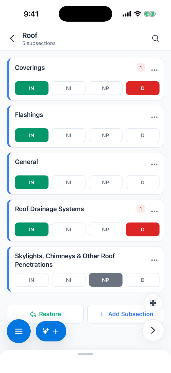 The Roof section with 5 subsections: Coverings (red badge 1) rated IN and D, Flashings rated IN, General rated IN, Roof Drainage Systems (red badge 1) rated IN and D, and Skylights, Chimneys & Other Roof Penetrations rated NP. Each row has four rating buttons IN, NI, NP and D and a three-dots button. Below: Restore and Add Subsection buttons, a grid button and a round next-section arrow