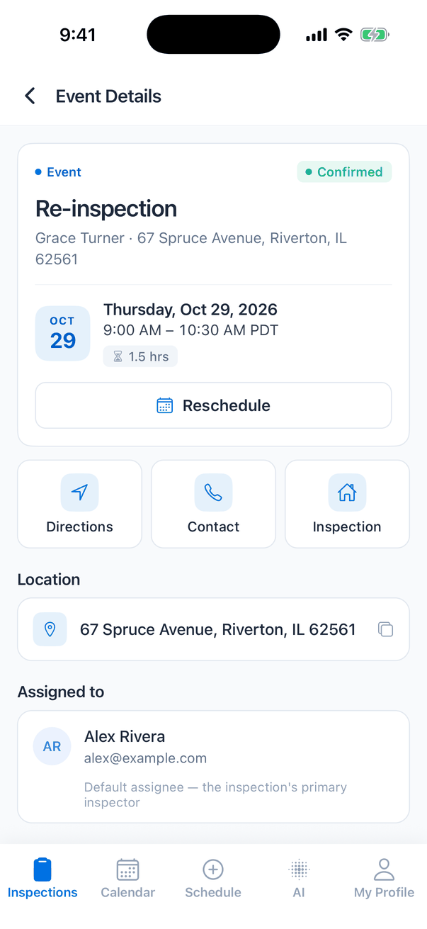 Event Details for a Re-inspection at 67 Spruce Avenue, Riverton, IL 62561 for Grace Turner: Thursday, Oct 29, 2026, 9:00 AM – 10:30 AM, 1.5 hrs, a Reschedule button, Directions, Contact and Inspection buttons, Location, and Assigned to Alex Rivera with the note Default assignee — the inspection's primary inspector