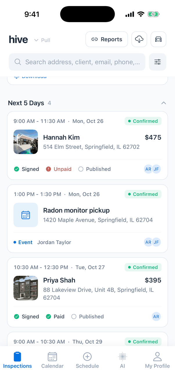 The Next 5 Days section of the Inspections list (4) with two inspection cards and an event card between them. The event card reads 1:00 PM - 1:30 PM · Mon, Oct 26, a green Confirmed badge, a blue calendar icon instead of a photo, the title Radon monitor pickup, the address 1420 Maple Avenue, Springfield, IL 62704, a blue dot with the word Event, the client Jordan Taylor and the initials AR and JF