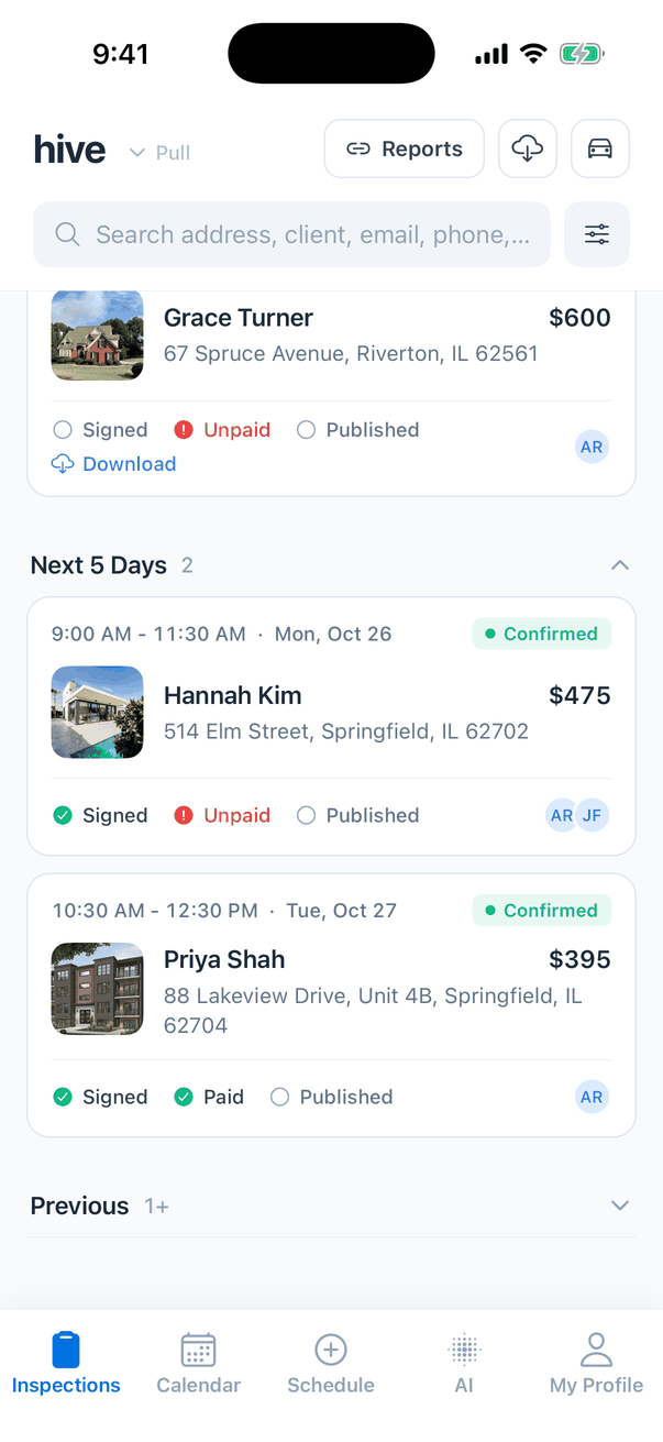 The same list scrolled down. The end of Grace Turner's card (with a photo of her house), then Next 5 Days (2), each card with a house photo: with Hannah Kim, 9:00 AM - 11:30 AM, Mon, Oct 26, $475, 514 Elm Street, Springfield, IL 62702, Signed, Unpaid, Published empty, initials AR and JF; and Priya Shah, 10:30 AM - 12:30 PM, Tue, Oct 27, $395, 88 Lakeview Drive, Unit 4B, Springfield, IL 62704, Signed, Paid, Published empty, initials AR. At the bottom, a collapsed Previous heading reading 1+