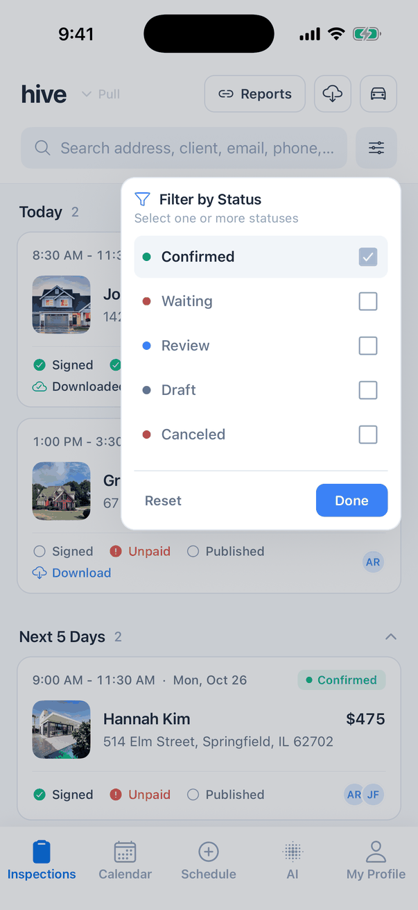 The Filter by Status panel open over the list, opened from the sliders button next to the search bar: Select one or more statuses, with Confirmed (green dot) ticked and Waiting (orange), Review (blue), Draft (grey) and Canceled (red) unticked, and Reset and Done buttons at the bottom