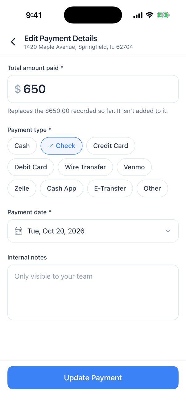 Edit Payment Details for 1420 Maple Avenue, Springfield, IL 62704: Total amount paid $650 with the note Replaces the $650.00 recorded so far. It isn't added to it., Payment type Check selected, Payment date Tue, Oct 20, 2026, Internal notes, and an Update Payment button