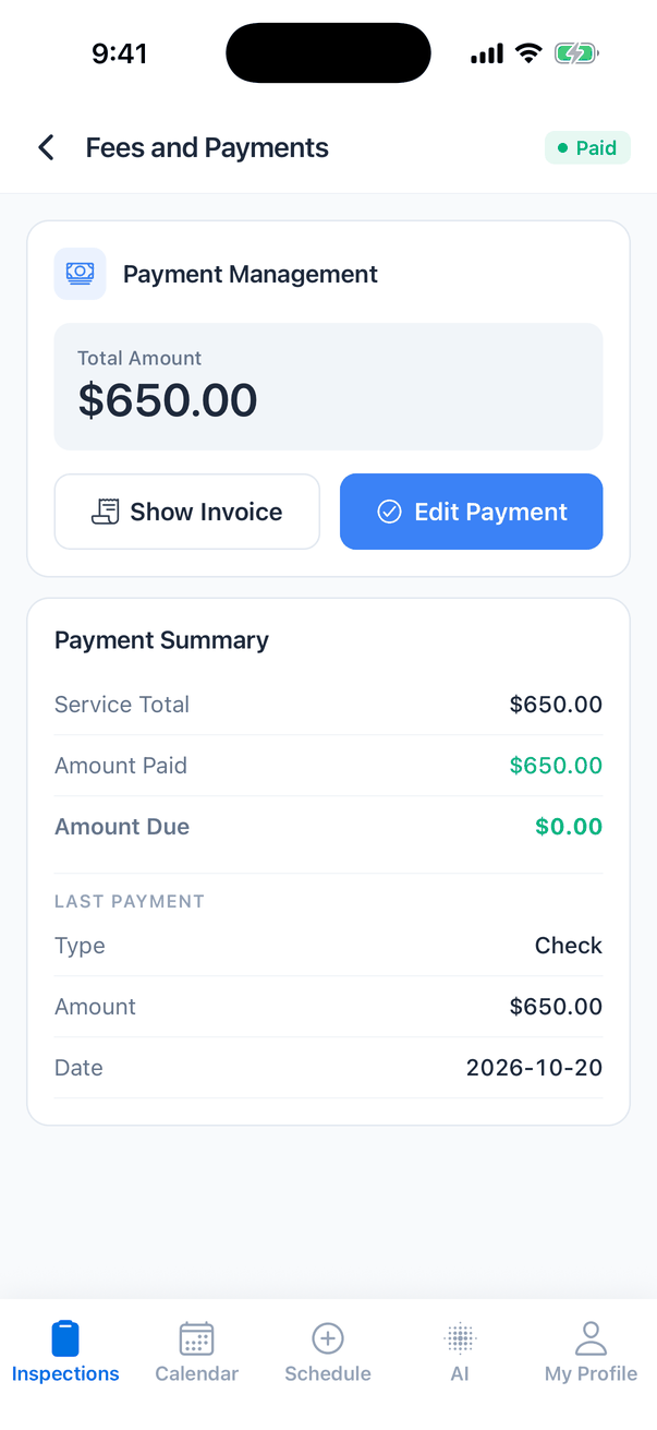 Fees and Payments with a green Paid badge: Total Amount $650.00, Show Invoice and Edit Payment buttons, and the Payment Summary: Service Total $650.00, Amount Paid $650.00, Amount Due $0.00, Last Payment Check, $650.00, 2026-10-20