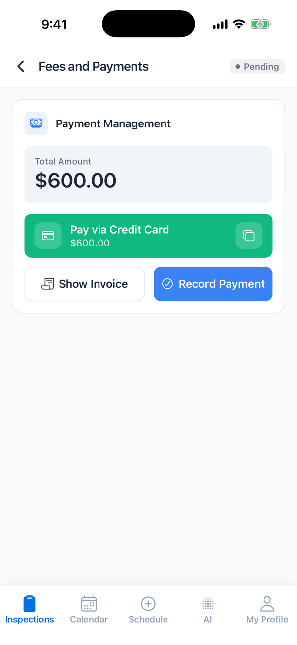 Fees and Payments with a grey Pending badge: Payment Management with Total Amount $600.00, a green Pay via Credit Card $600.00 button with a copy button, and Show Invoice and Record Payment buttons