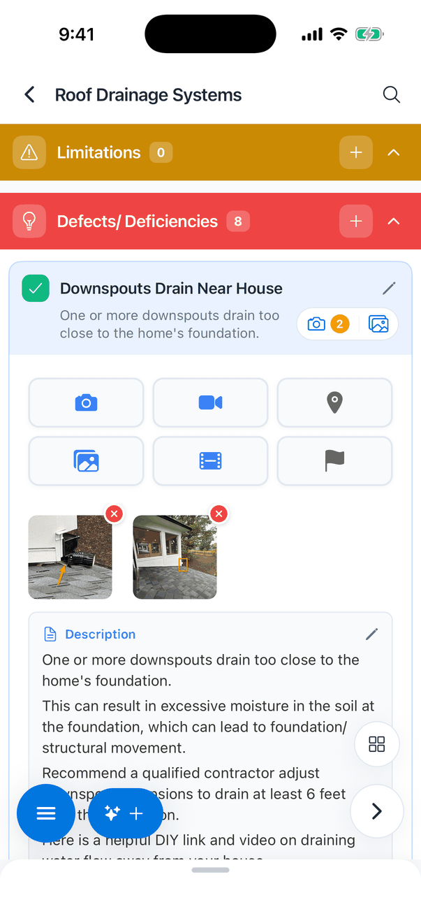 The open defect Downspouts Drain Near House: the camera button on its card shows 2, then six media buttons (camera, video camera, location pin, photo library, video library, flag), two photo thumbnails each with a red x, and the Description