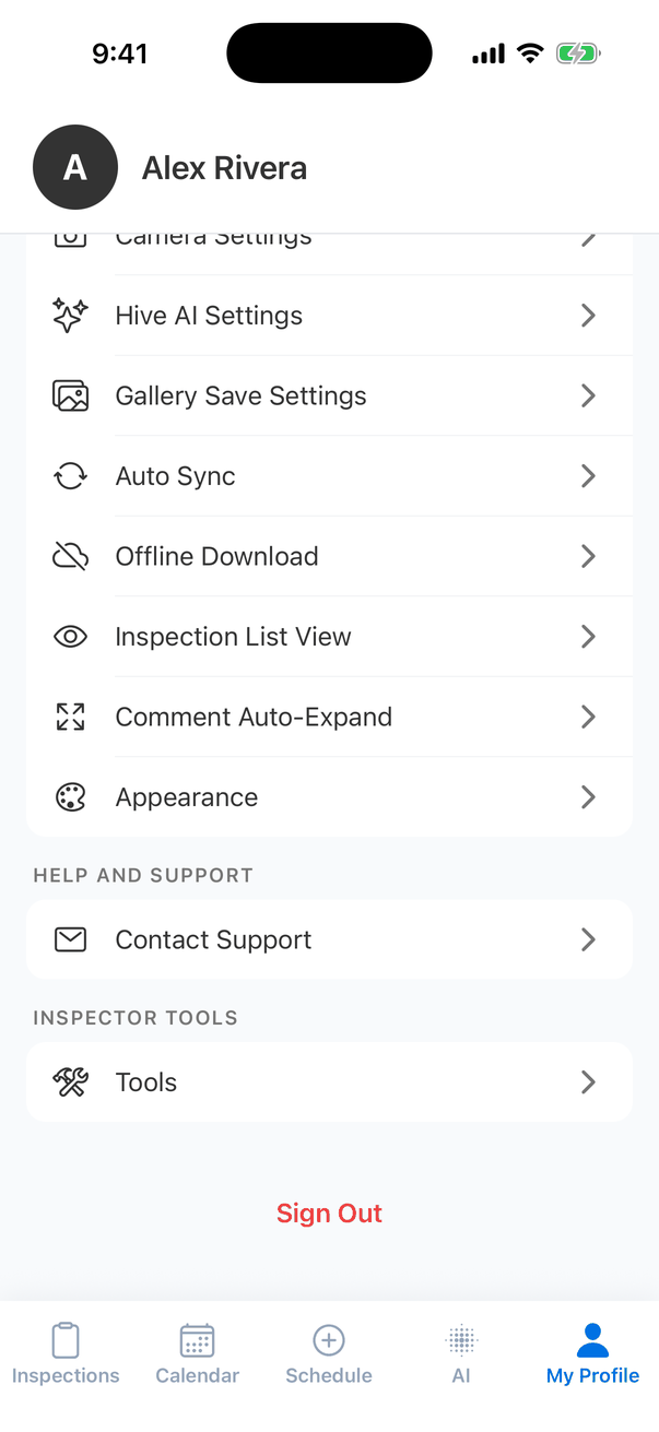 The lower part of My Profile: Camera Settings, Hive AI Settings, Gallery Save Settings, Auto Sync, Offline Download, Inspection List View, Comment Auto-Expand and Appearance, then Help and Support with Contact Support, Inspector Tools with Tools, and a red Sign Out link