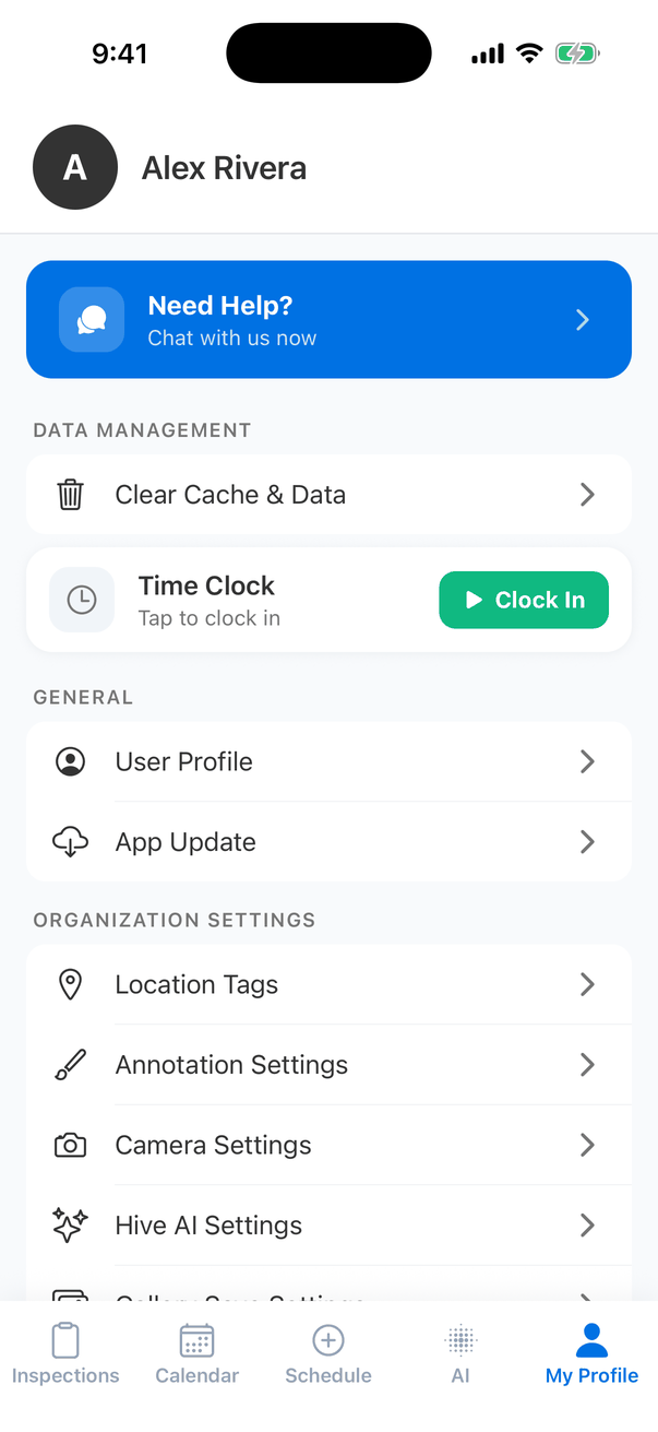 The My Profile tab: the avatar A and the name Alex Rivera, a blue Need Help? Chat with us now button, Data Management with Clear Cache & Data, a Time Clock card reading Tap to clock in with a green Clock In button, General with User Profile and App Update, and the start of Organization Settings with Location Tags, Annotation Settings, Camera Settings and Hive AI Settings