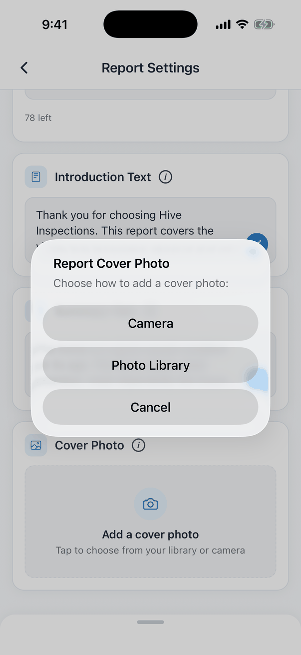 The Report Cover Photo message: Choose how to add a cover photo, with Camera, Photo Library and Cancel buttons