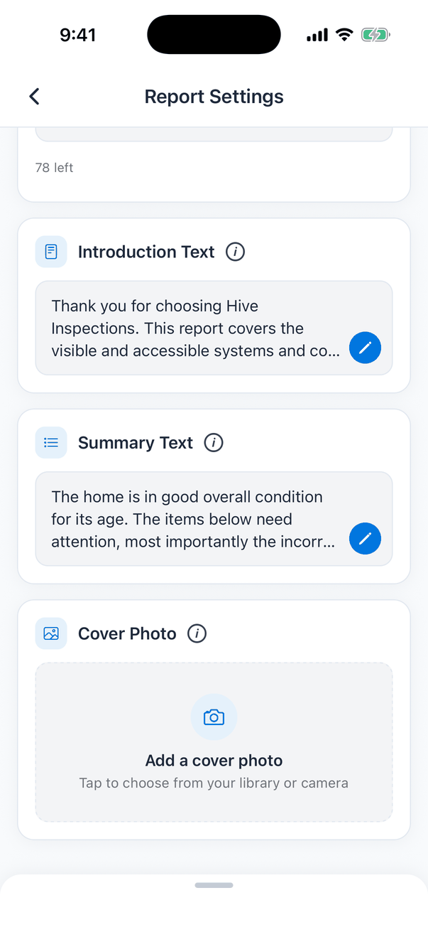 The lower part of Report Settings: Introduction Text, Summary Text and the Cover Photo card with a camera icon, Add a cover photo and Tap to choose from your library or camera