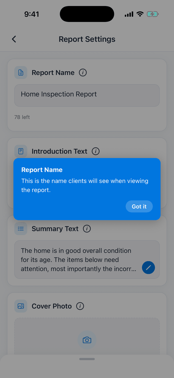 The Report Name explanation: This is the name clients will see when viewing the report, with a Got it button