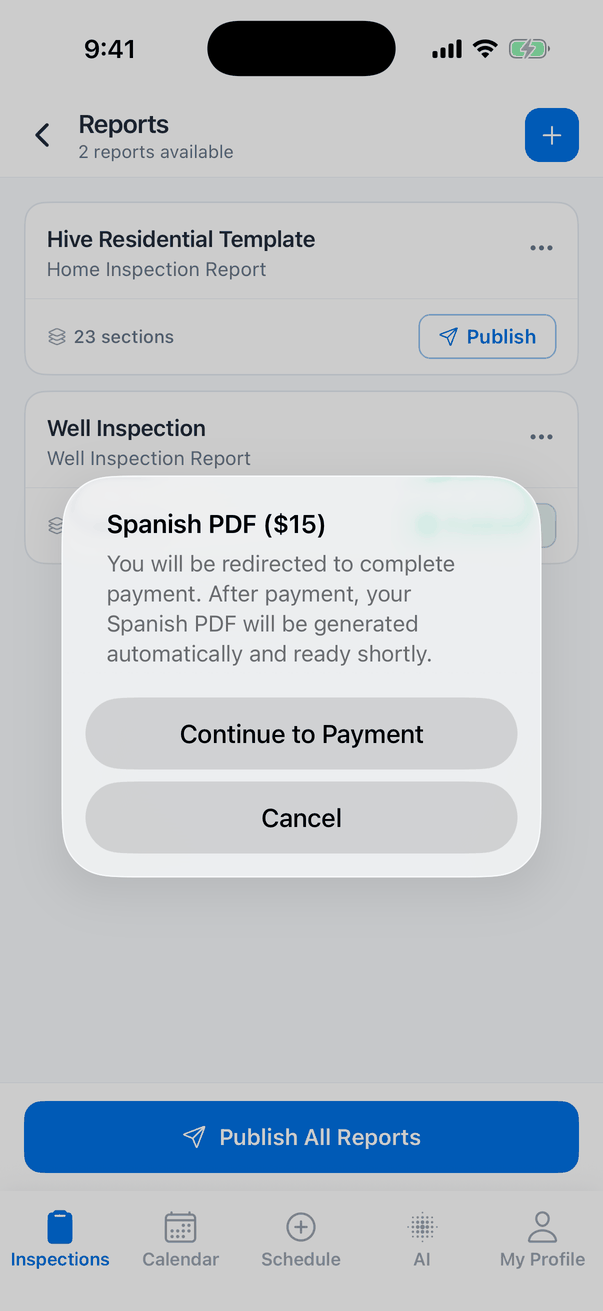 The Spanish PDF ($15) message: You will be redirected to complete payment. After payment, your Spanish PDF will be generated automatically and ready shortly. Buttons Continue to Payment and Cancel