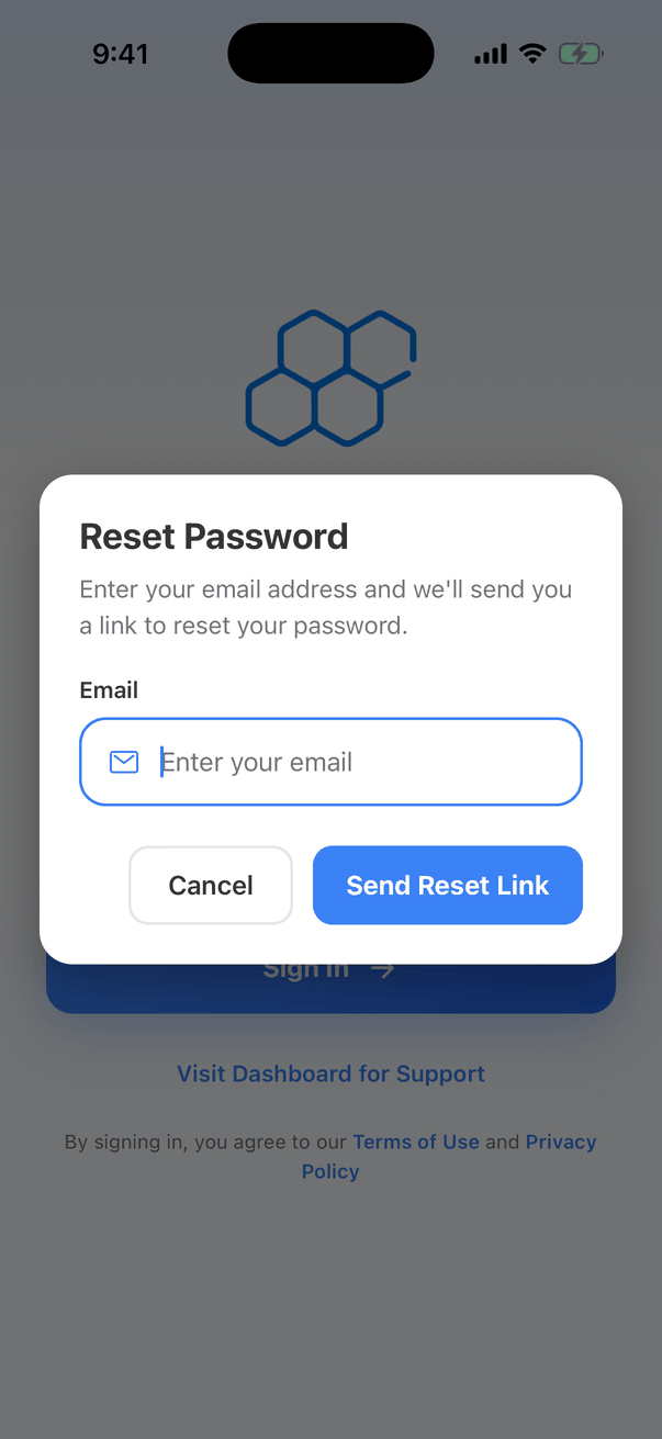 The Reset Password window over the sign-in screen: Enter your email address and we'll send you a link to reset your password, an Email box, and Cancel and Send Reset Link buttons