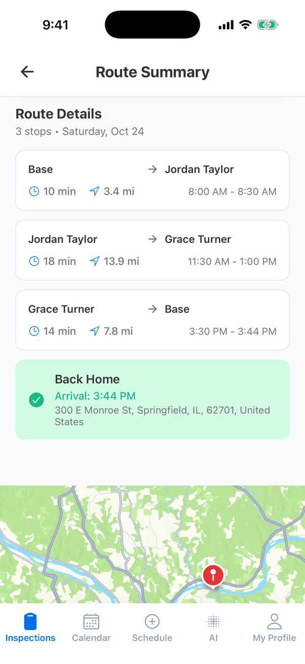 The Route Details list with three legs and the Back Home card, Arrival 3:44 PM, 300 E Monroe St, Springfield, IL, 62701, and the top of the route map below