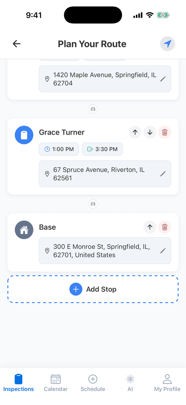 The bottom of Plan Your Route: the Grace Turner stop, the Base stop, and a blue dashed Add Stop button