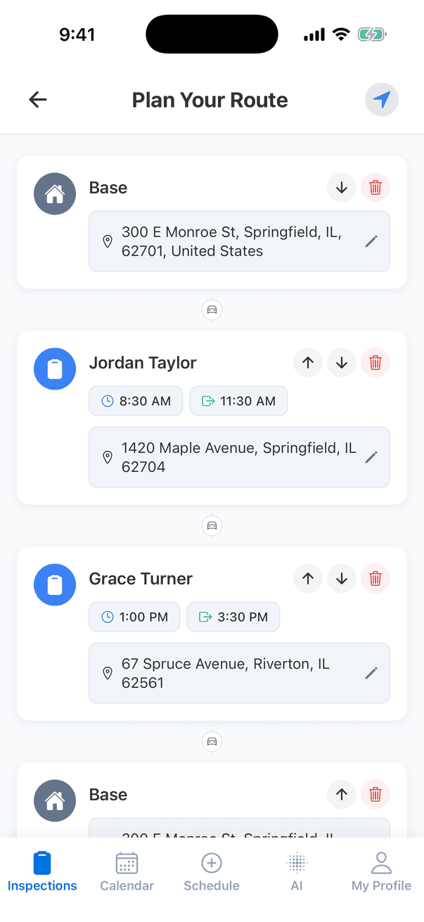 Plan Your Route: Base at 300 E Monroe St, Springfield, IL, 62701, then Jordan Taylor 8:30 AM to 11:30 AM at 1420 Maple Avenue, Springfield, IL 62704, then Grace Turner 1:00 PM to 3:30 PM at 67 Spruce Avenue, Riverton, IL 62561, then Base again. Each stop has up and down arrows, a red delete button and a pencil on its address; a car icon sits between stops and a navigation button is at the top right