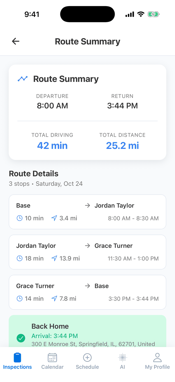 Route Summary: Departure 8:00 AM, Return 3:44 PM, Total Driving 42 min, Total Distance 25.2 mi. Route Details, 3 stops, Saturday, Oct 24: Base to Jordan Taylor 10 min, 3.4 mi, 8:00 AM - 8:30 AM; Jordan Taylor to Grace Turner 18 min, 13.9 mi, 11:30 AM - 1:00 PM; Grace Turner to Base 14 min, 7.8 mi, 3:30 PM - 3:44 PM; and a green Back Home card, Arrival 3:44 PM