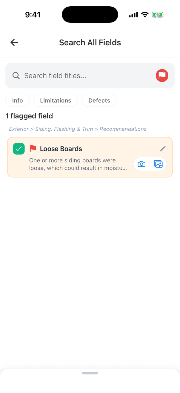 Search All Fields with the flag button turned on (red): 1 flagged field, Exterior > Siding, Flashing & Trim > Recommendations, Loose Boards, checked, with a red flag