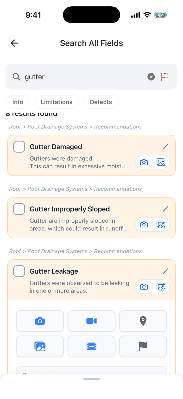 Search All Fields with gutter typed in the box, filter buttons Info, Limitations and Defects, and 8 results found. Each result has its path in grey, such as Roof > Roof Drainage Systems > Recommendations, above a comment card: Gutter Damaged, Gutter Improperly Sloped and Gutter Leakage (open, with its media buttons)