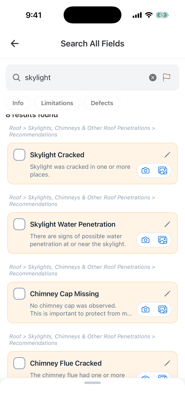 Search All Fields for skylight: results include Skylight Cracked and Skylight Water Penetration, and also Chimney Cap Missing and Chimney Flue Cracked, all under Roof > Skylights, Chimneys & Other Roof Penetrations > Recommendations