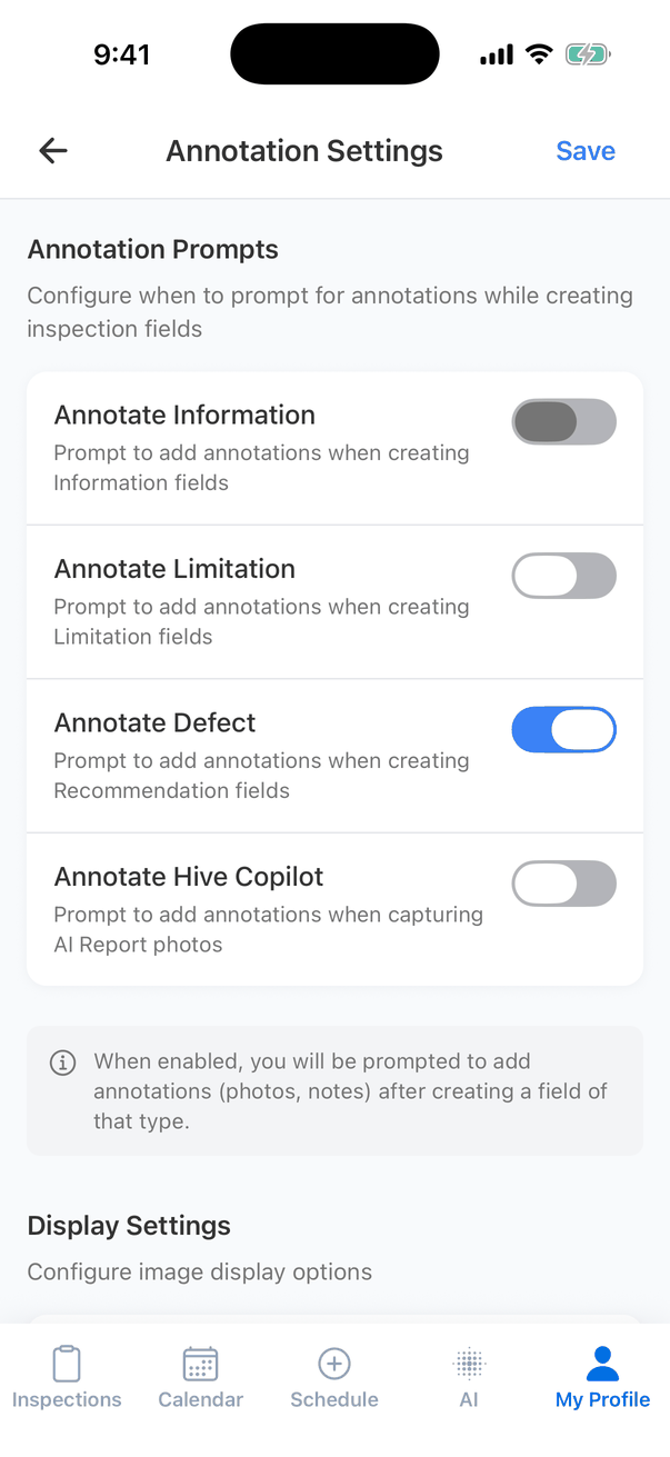Annotation Settings: Annotation Prompts, Configure when to prompt for annotations while creating inspection fields, with switches Annotate Information (off), Annotate Limitation (off), Annotate Defect (on) and Annotate Hive Copilot (off), and a Save button at the top
