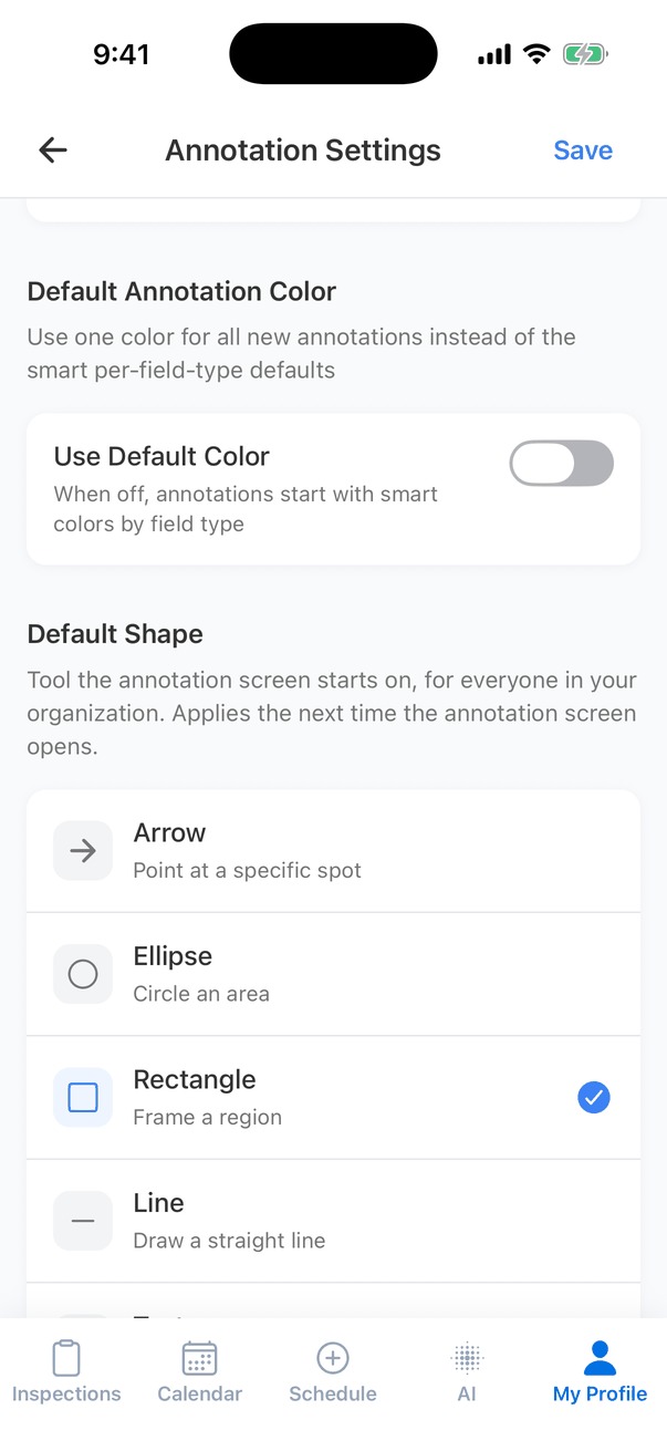 The lower part of Annotation Settings: Default Annotation Color with Use Default Color turned off (When off, annotations start with smart colors by field type), and Default Shape: Tool the annotation screen starts on, for everyone in your organization, with Arrow (Point at a specific spot), Ellipse (Circle an area), Rectangle (Frame a region, ticked) and Line (Draw a straight line)