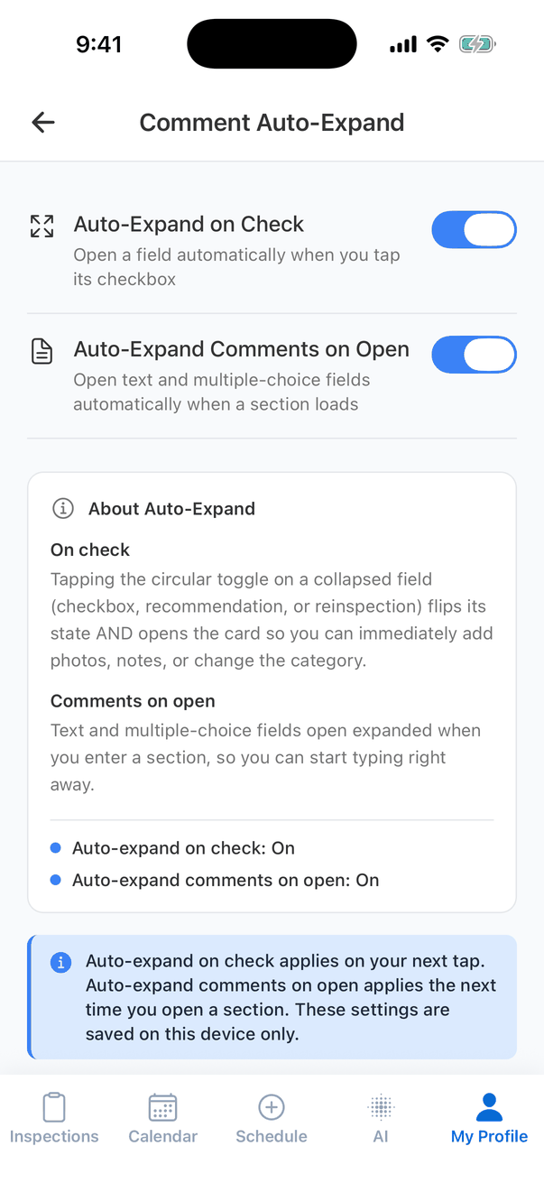 Comment Auto-Expand settings: Auto-Expand on Check (Open a field automatically when you tap its checkbox) and Auto-Expand Comments on Open (Open text and multiple-choice fields automatically when a section loads), both turned on, with an About Auto-Expand explanation
