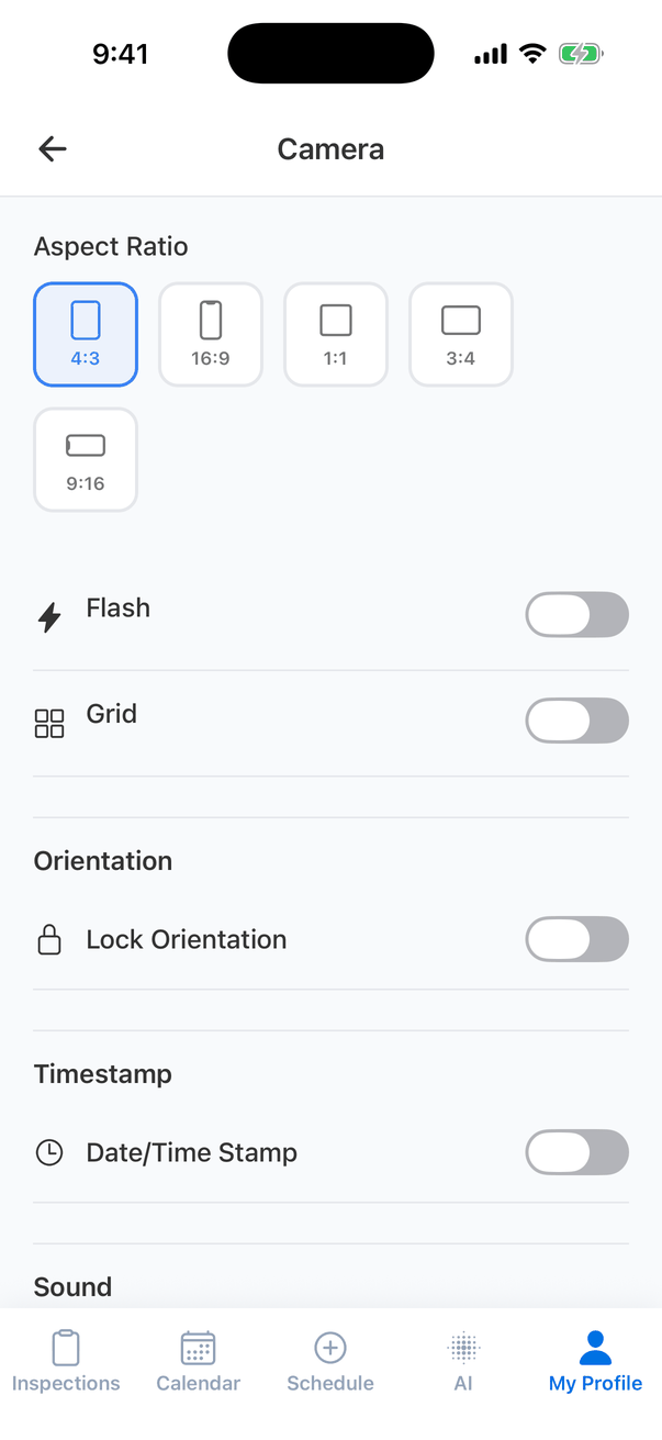 Camera settings: Aspect Ratio with 4:3 (selected), 16:9, 1:1, 3:4 and 9:16, Flash off, Grid off, Orientation with Lock Orientation off, Timestamp with Date/Time Stamp off, and the start of Sound