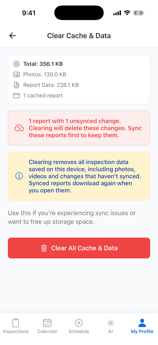 The Clear Cache & Data screen: Total 356.1 KB, Photos 130.0 KB, Report Data 226.1 KB, 1 cached report; a red box: 1 report with 1 unsynced change. Clearing will delete these changes. Sync these reports first to keep them; a yellow box: Clearing removes all inspection data saved on this device, including photos, videos and changes that haven't synced. Synced reports download again when you open them; and a red Clear All Cache & Data button