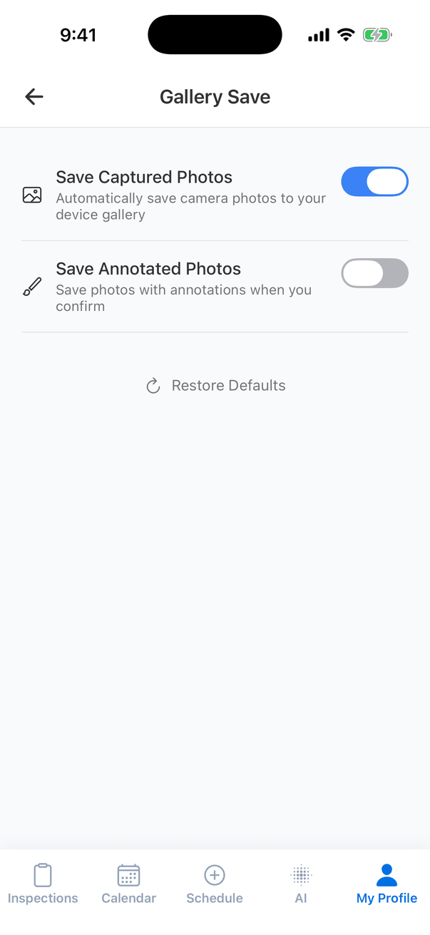 Gallery Save settings: Save Captured Photos (Automatically save camera photos to your device gallery) turned on, Save Annotated Photos (Save photos with annotations when you confirm) turned off, and Restore Defaults