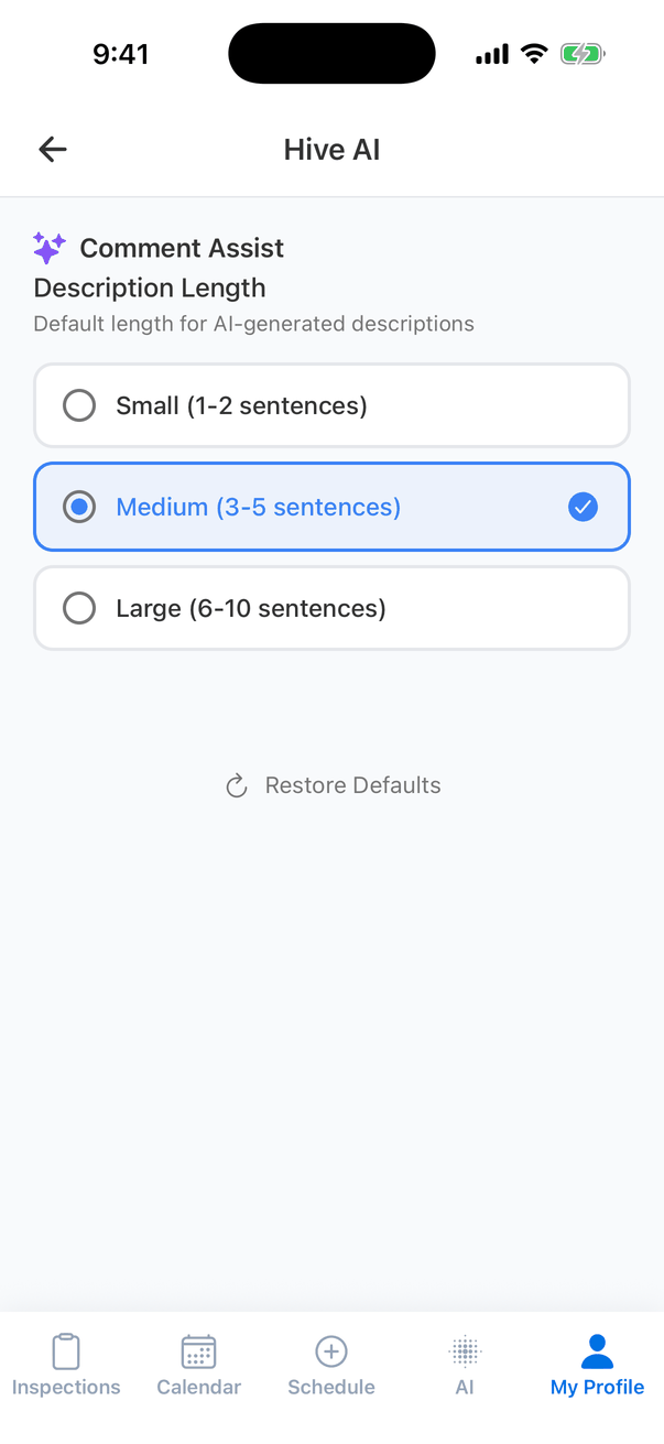 Hive AI settings: Comment Assist, Description Length, Default length for AI-generated descriptions, with Small (1-2 sentences), Medium (3-5 sentences, selected) and Large (6-10 sentences), and Restore Defaults