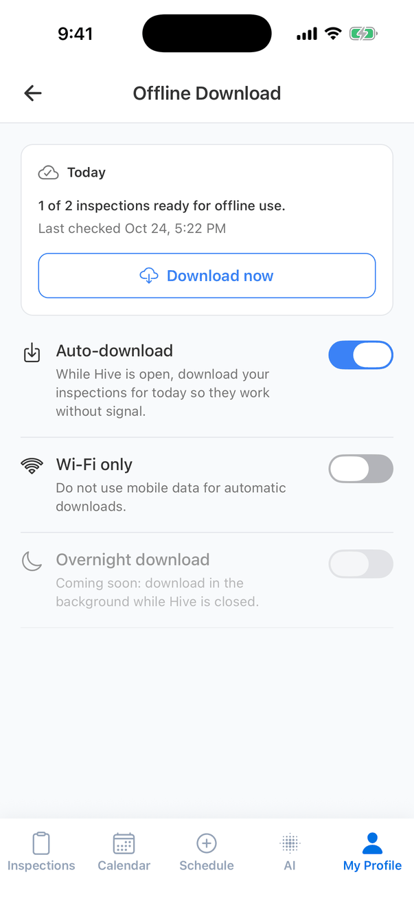 Offline Download settings: a Today card reading 1 of 2 inspections ready for offline use, Last checked Oct 24, 5:22 PM, with a Download now button; Auto-download (While Hive is open, download your inspections for today so they work without signal) turned on; Wi-Fi only (Do not use mobile data for automatic downloads) turned off; and Overnight download, Coming soon, greyed out