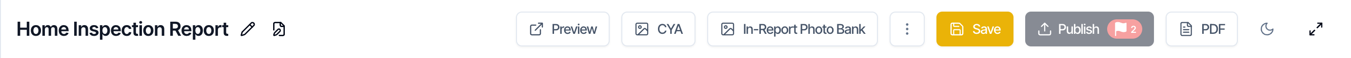 The report editor's top bar: the report name Home Inspection Report, then Preview, CYA, In-Report Photo Bank, a three-dot button, Save, Publish and PDF