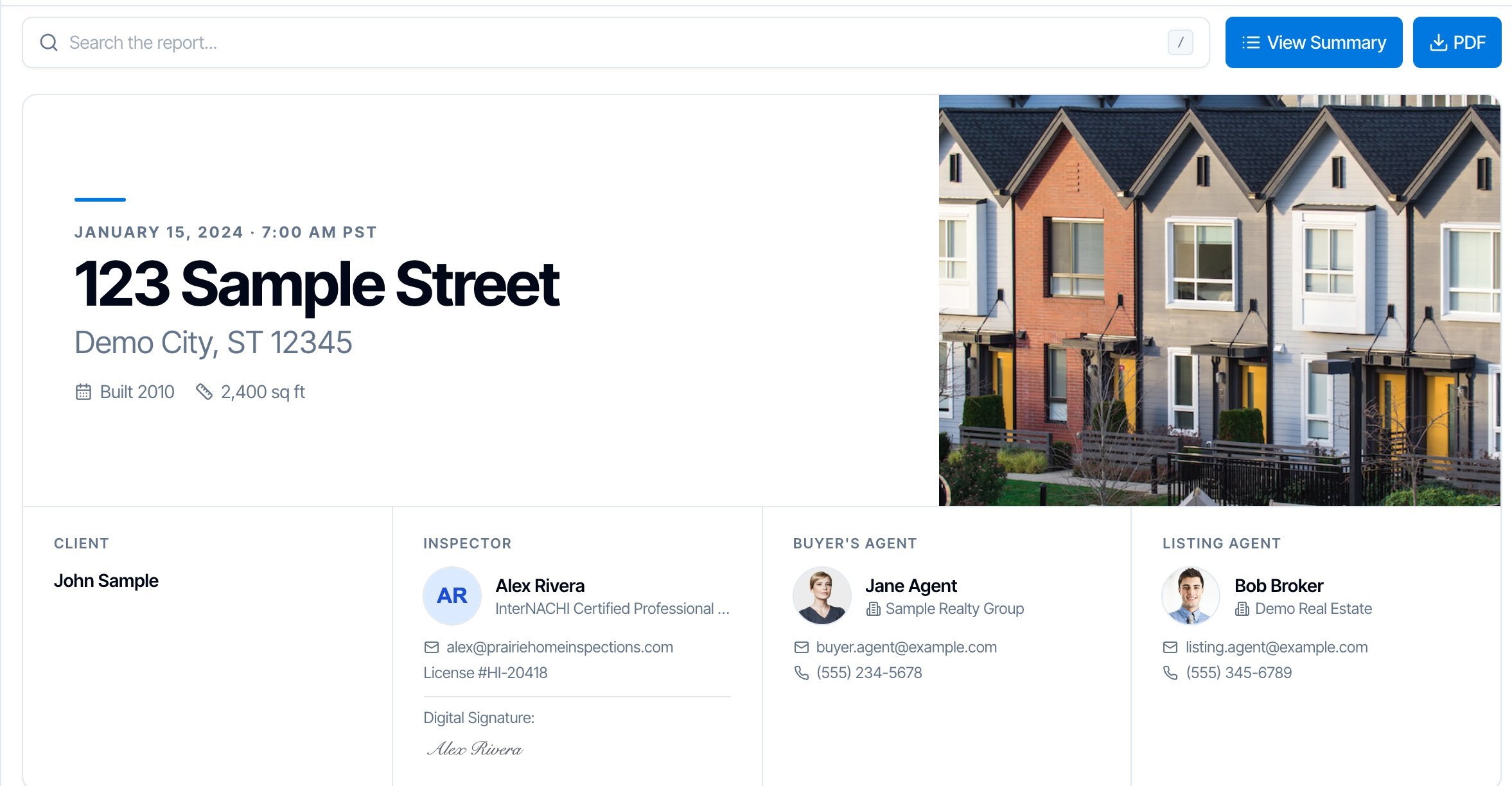 A shared sample report opened in the browser: JANUARY 15, 2024, 123 Sample Street, Demo City, ST 12345, Built 2010, 2,400 sq ft, a cover photo of a row of townhomes, then Client John Sample, Inspector Alex Rivera with email, license and digital signature, Buyer's Agent Jane Agent of Sample Realty Group and Listing Agent Bob Broker of Demo Real Estate. View Summary and PDF buttons are at the top